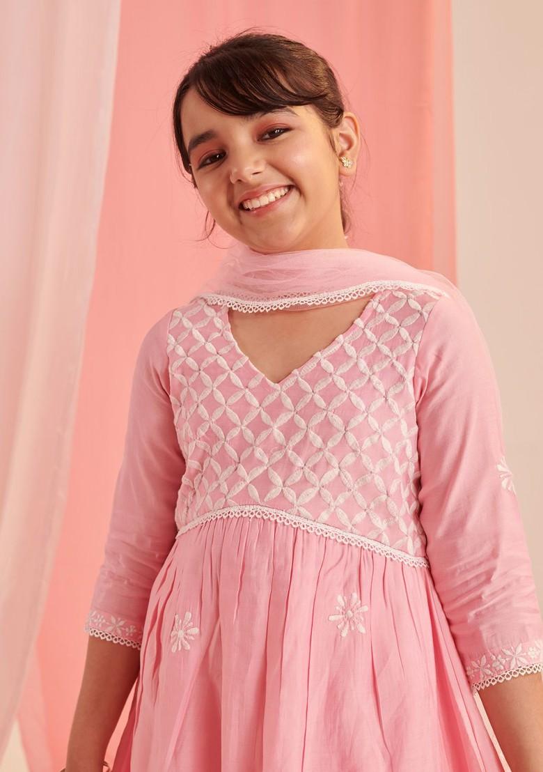 Pink Embroidered Poly Blend Sharara Set With Dupatta For Girls