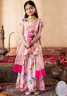 Peach Printed Poly Blend Sharara Set With Dupatta For Girls