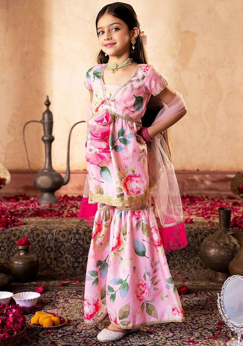 Peach Printed Poly Blend Sharara Set With Dupatta For Girls