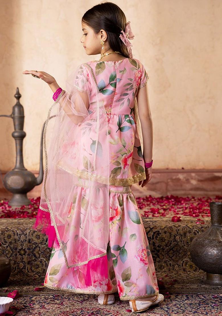 Peach Printed Poly Blend Sharara Set With Dupatta For Girls