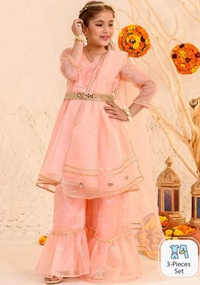 Peach Printed Poly Blend Sharara Set With Dupatta For Girls