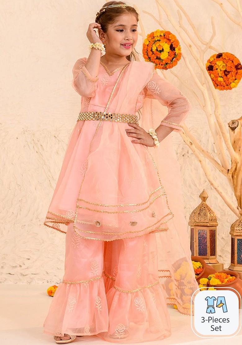 Peach Printed Poly Blend Sharara Set With Dupatta For Girls