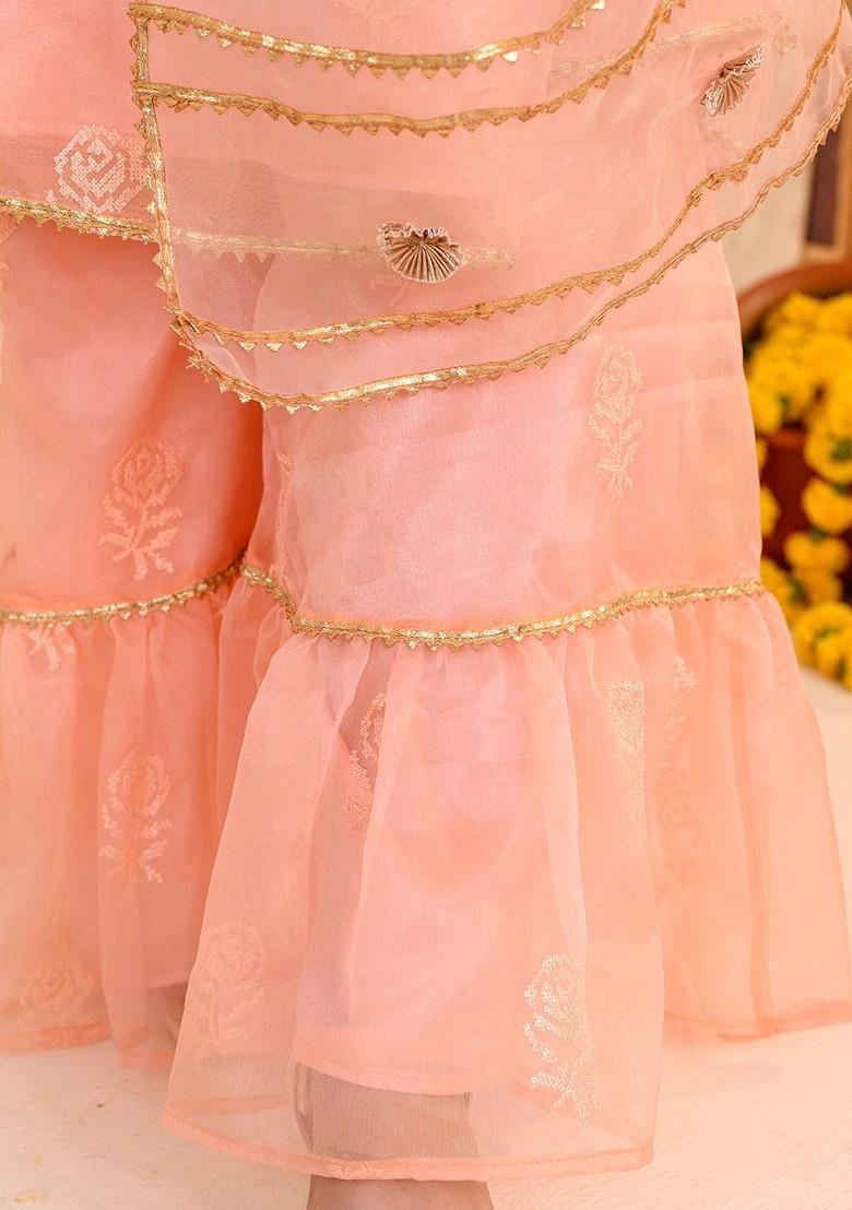 Peach Printed Poly Blend Sharara Set With Dupatta For Girls