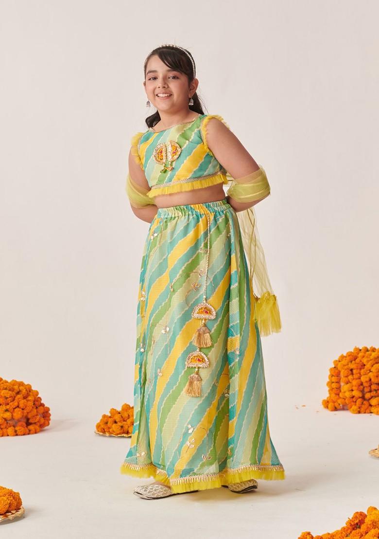 Green Printed Poly Blend Lehenga Set With Dupatta For Girls