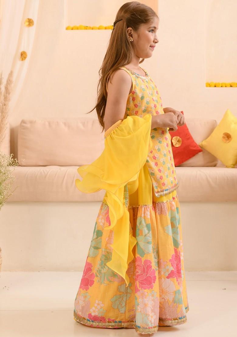 Yellow Printed Poly Blend Sharara Set With Dupatta For Girls