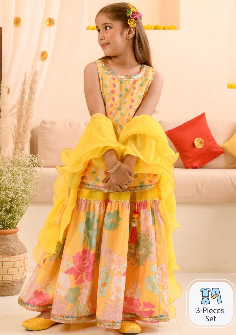 Yellow Printed Poly Blend Sharara Set With Dupatta For Girls