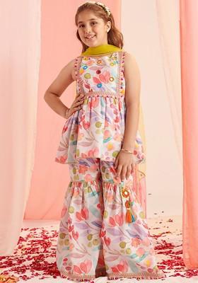 White Printed Poly Blend Sharara Set With Dupatta For Girls