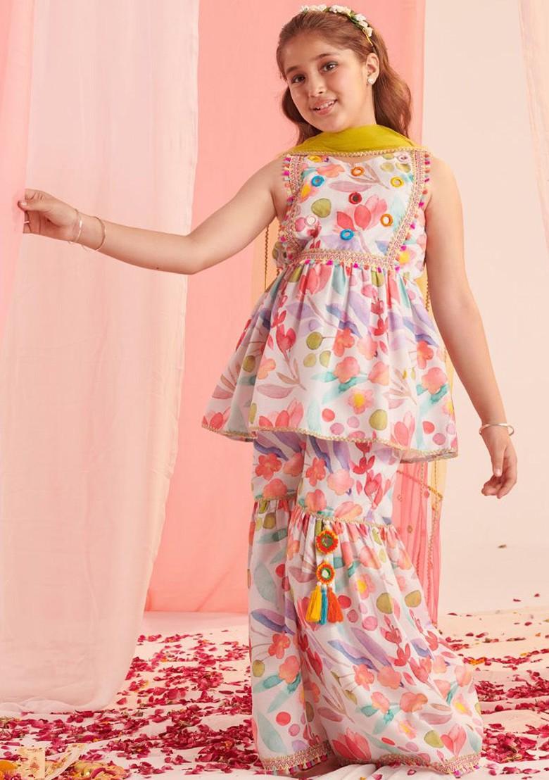 White Printed Poly Blend Sharara Set With Dupatta For Girls