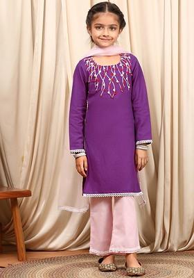Purple Embroidered Poly Blend Palazzo Set With Dupatta For Girls