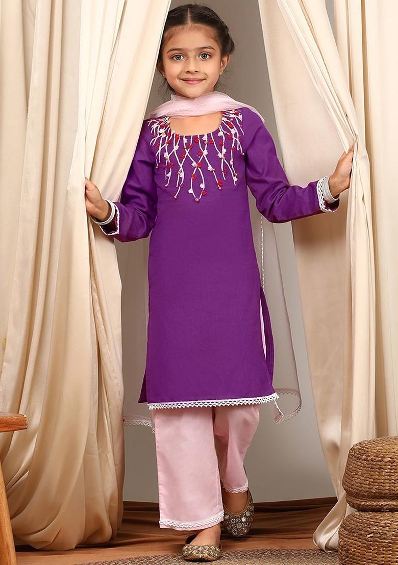 Purple Embroidered Poly Blend Palazzo Set With Dupatta For Girls