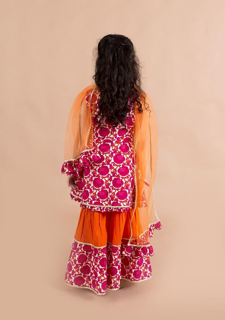 Magenta Printed Poly Blend Salwar Kameez For Girls