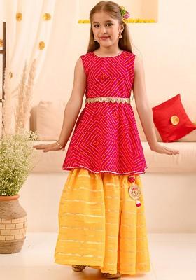 Red Printed Poly Blend Sharara Set With Dupatta For Girls