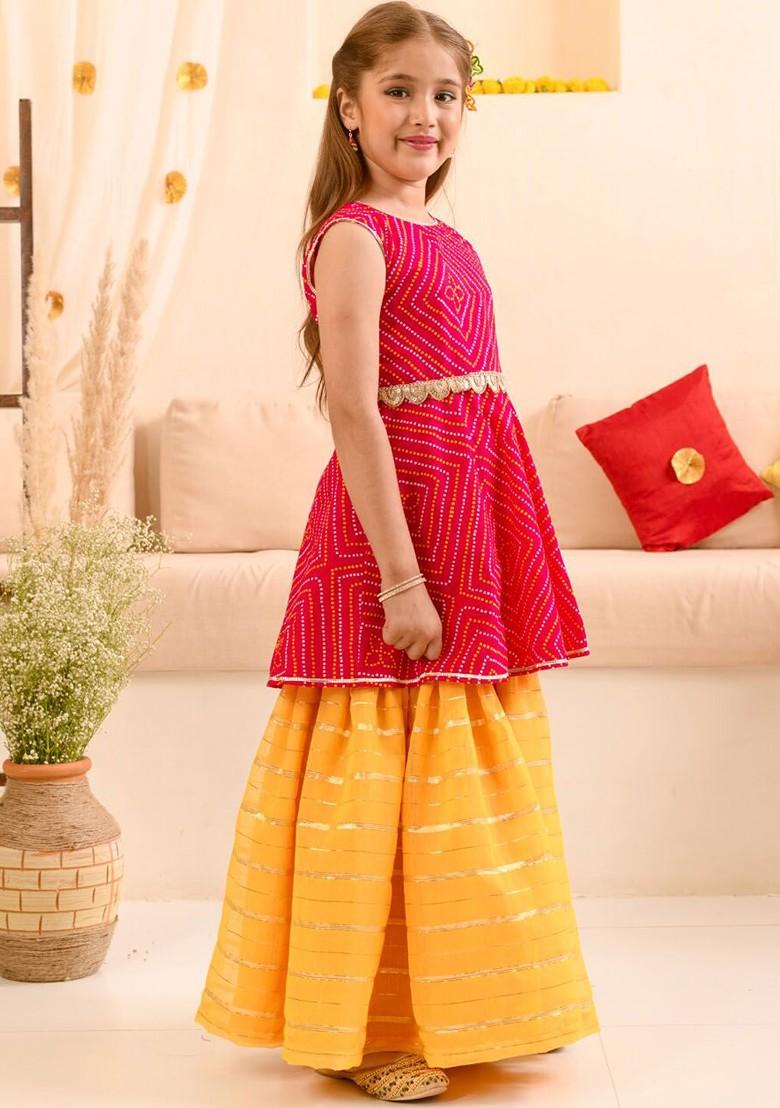 Red Printed Poly Blend Sharara Set With Dupatta For Girls