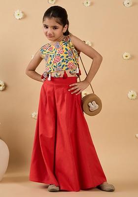 Red Printed Poly Blend Co Ord Set For Girlss