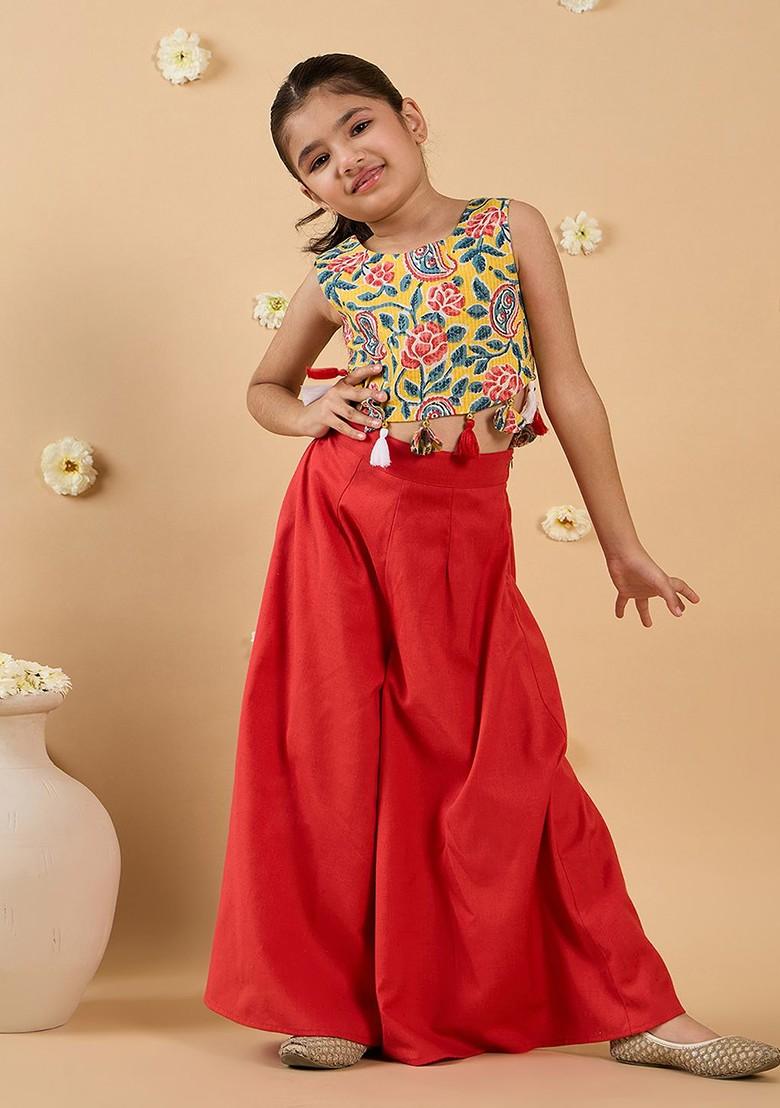 Red Printed Poly Blend Co Ord Set For Girlss