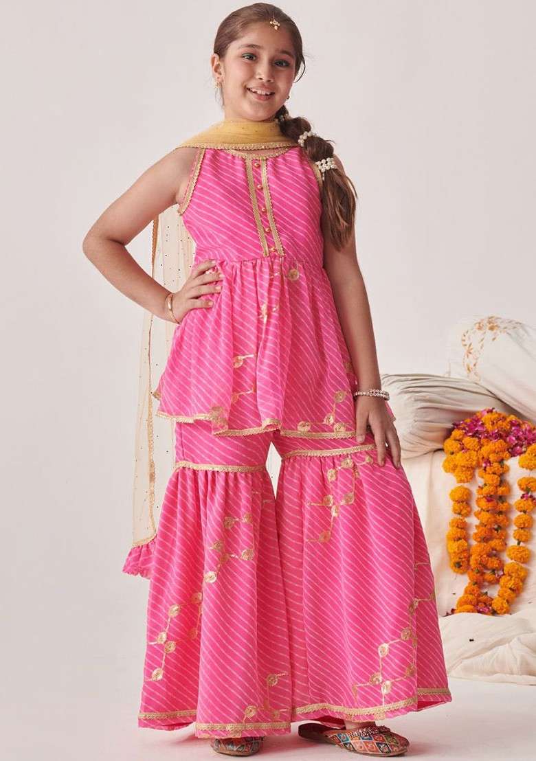 Pink Printed Poly Blend Sharara Set With Dupatta For Girls - Indya
