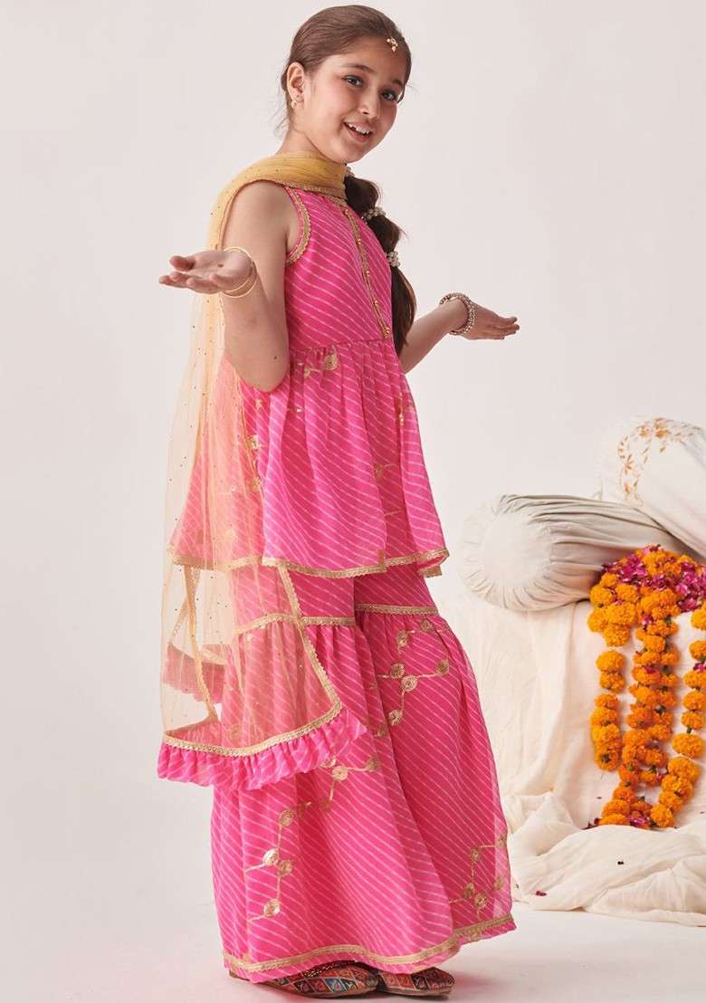 Pink Printed Poly Blend Sharara Set With Dupatta For Girls - Indya