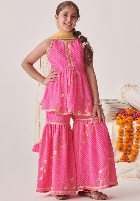 Pink Printed Poly Blend Sharara Set With Dupatta For Girls — view on Indya