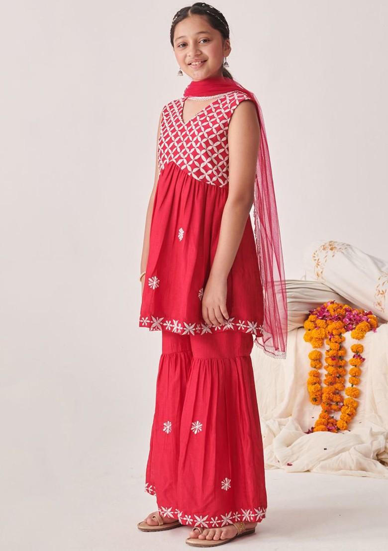 Red Embroidered Poly Blend Sharara Set With Dupatta For Girls