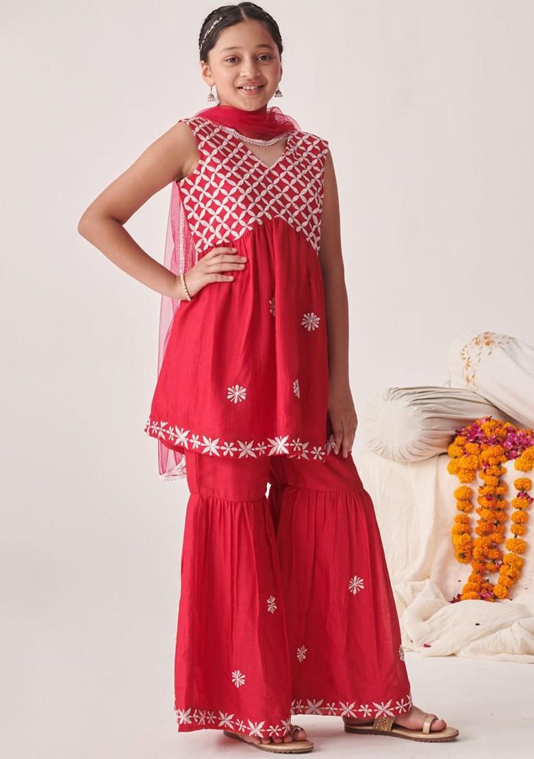 Red Embroidered Poly Blend Sharara Set With Dupatta For Girls