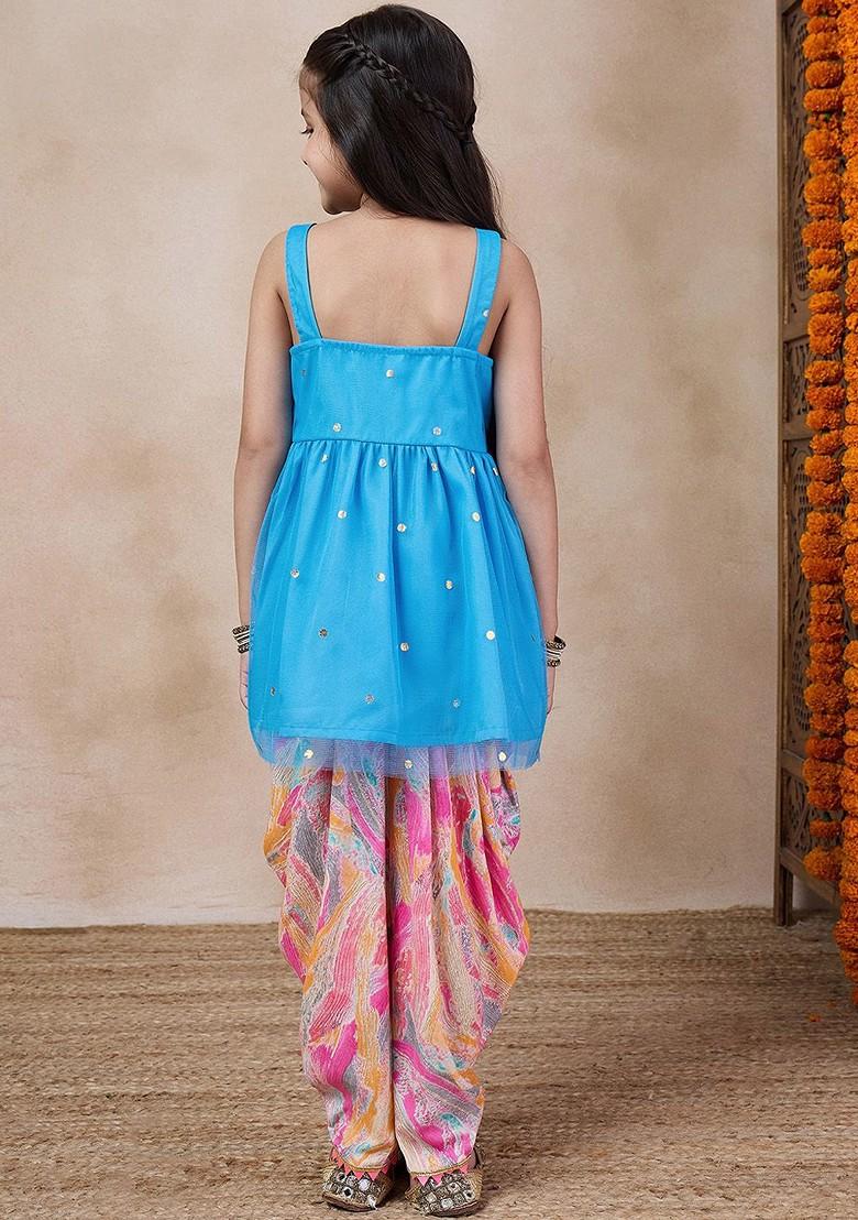 Blue Embroidered Poly Blend Salwar Kameez For Girls