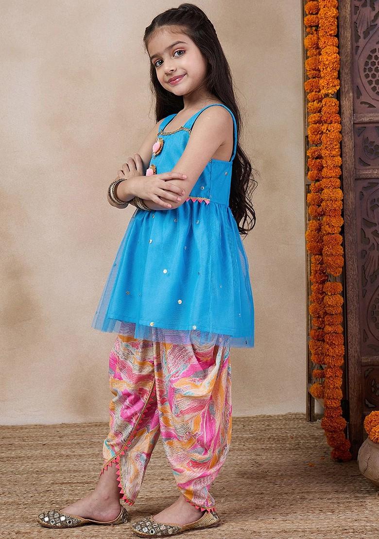 Blue Embroidered Poly Blend Salwar Kameez For Girls