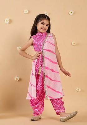 Pink Printed Poly Blend Salwar Kameez With Dupatta For Girls