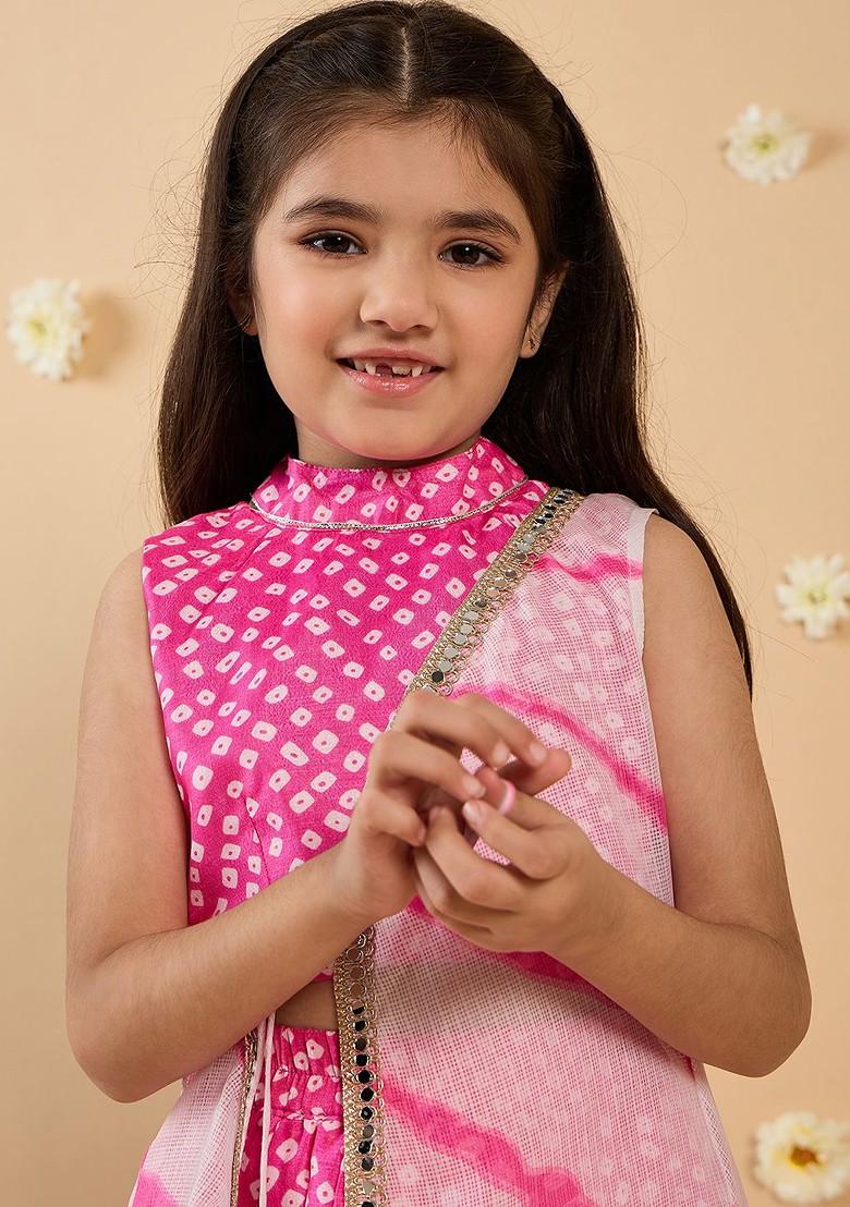 Pink Printed Poly Blend Salwar Kameez With Dupatta For Girls