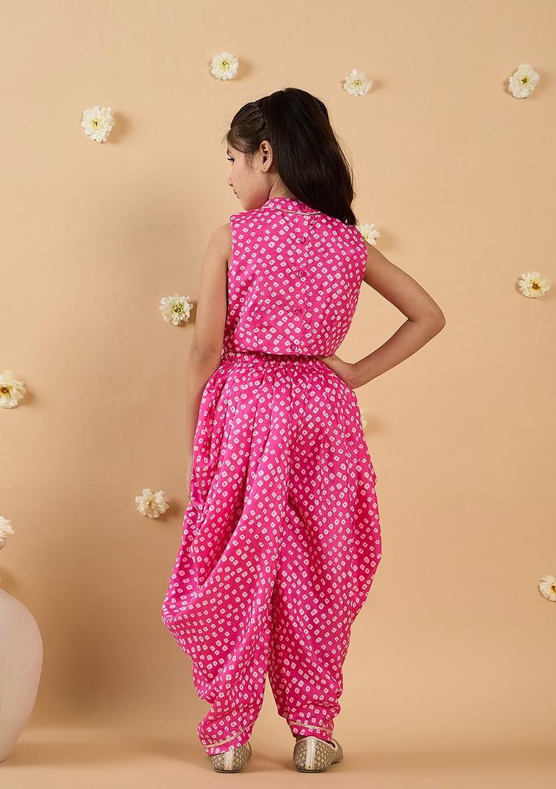 Pink Printed Poly Blend Salwar Kameez With Dupatta For Girls