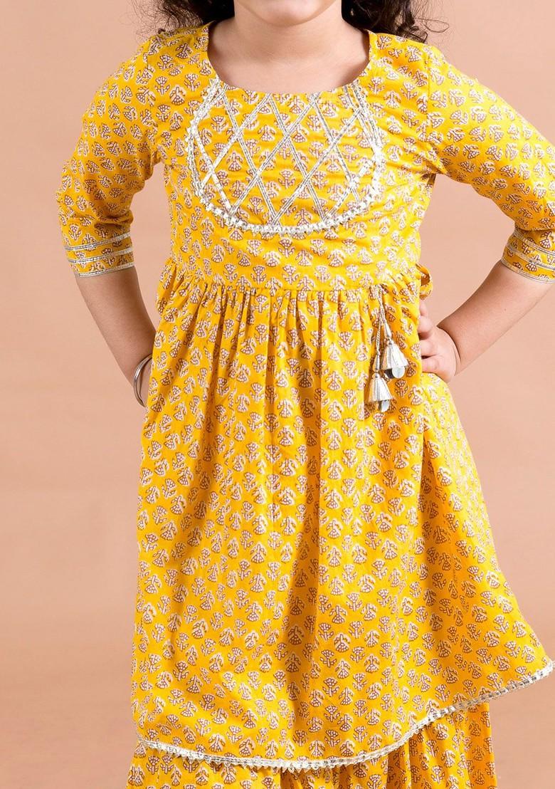 Mustard Yellow Printed Poly Blend Salwar Kameez For Girls