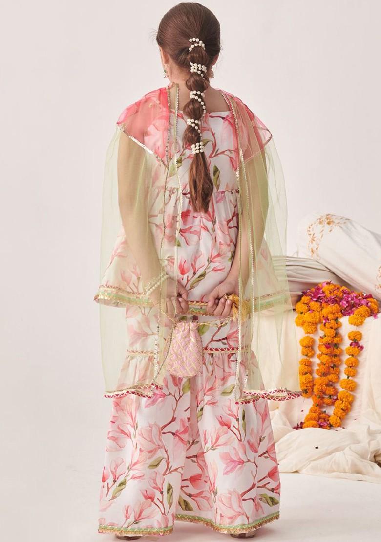 Pink Printed Poly Blend Sharara Set With Dupatta For Girls