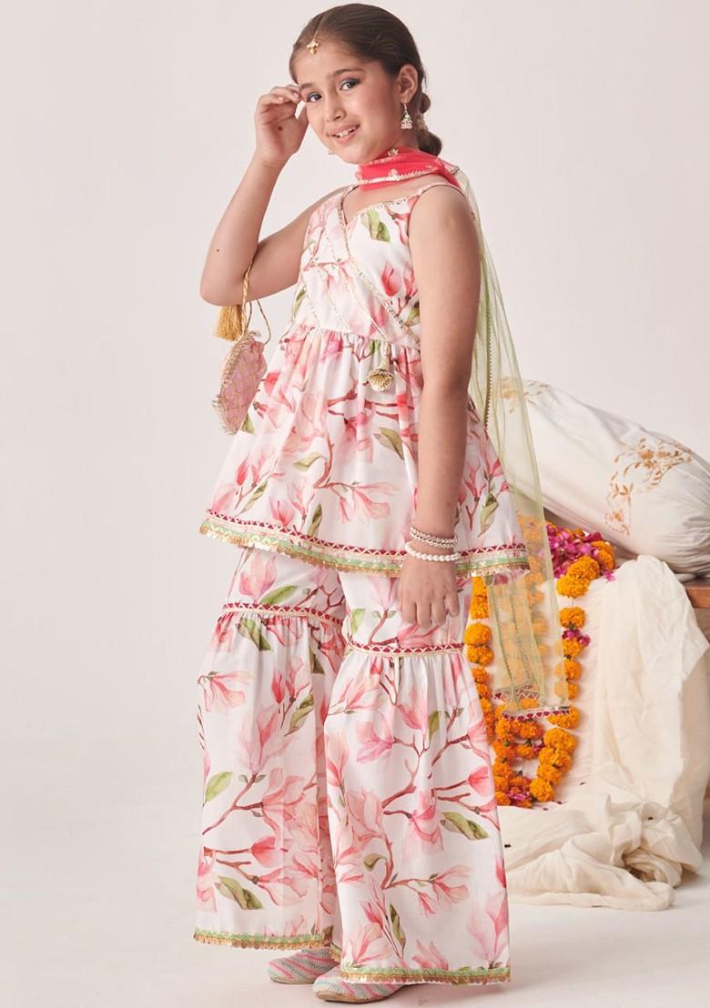 Pink Printed Poly Blend Sharara Set With Dupatta For Girls