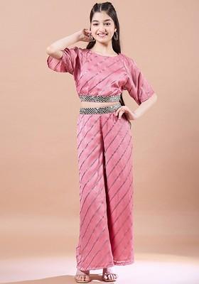 Peach Embroidered Poly Blend Co Ord Set For Girlss