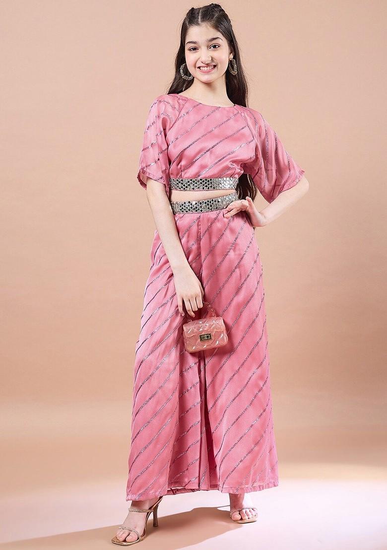 Peach Embroidered Poly Blend Co Ord Set For Girlss