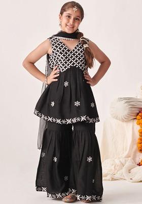Black Embroidered Poly Blend Sharara Set With Dupatta For Girls