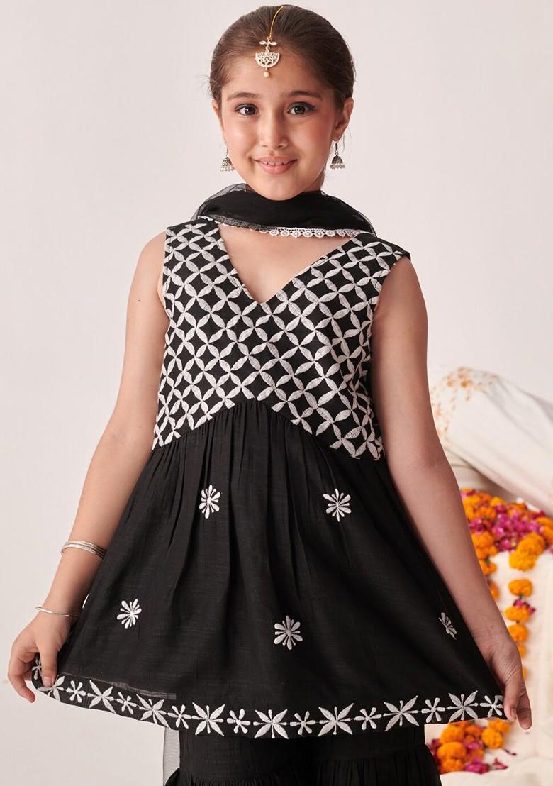 Black Embroidered Poly Blend Sharara Set With Dupatta For Girls