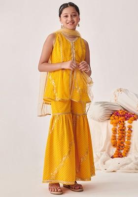 Yellow Printed Poly Blend Sharara Set With Dupatta For Girls