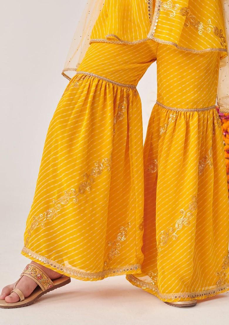 Yellow Printed Poly Blend Sharara Set With Dupatta For Girls