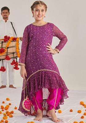 Purple Printed Poly Blend Salwar Kameez For Girls