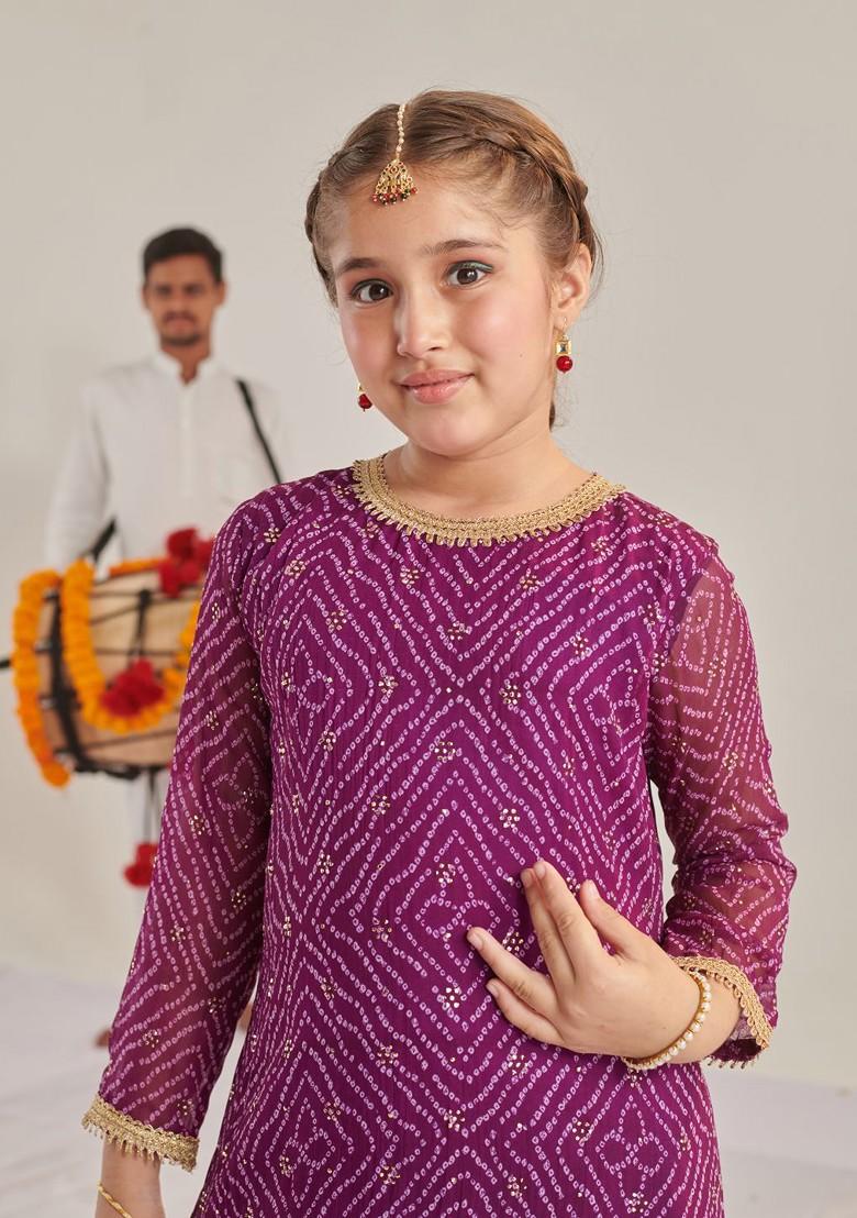 Purple Printed Poly Blend Salwar Kameez For Girls