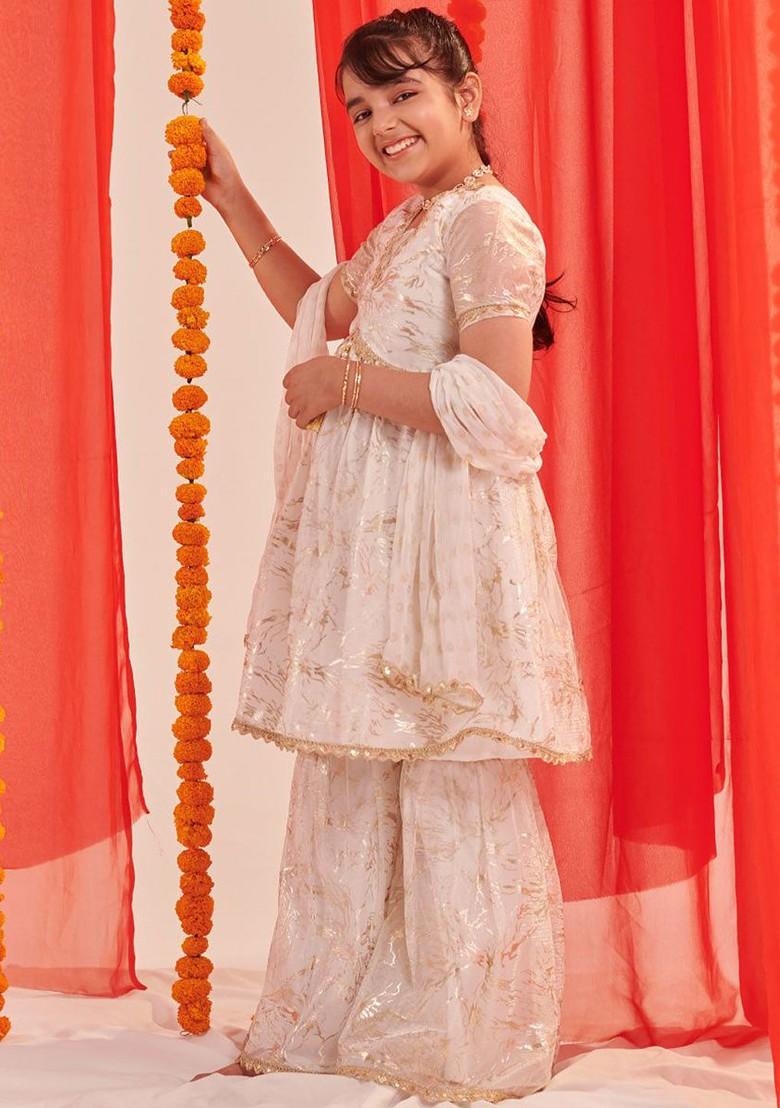 White Printed Poly Blend Sharara Set With Dupatta For Girls