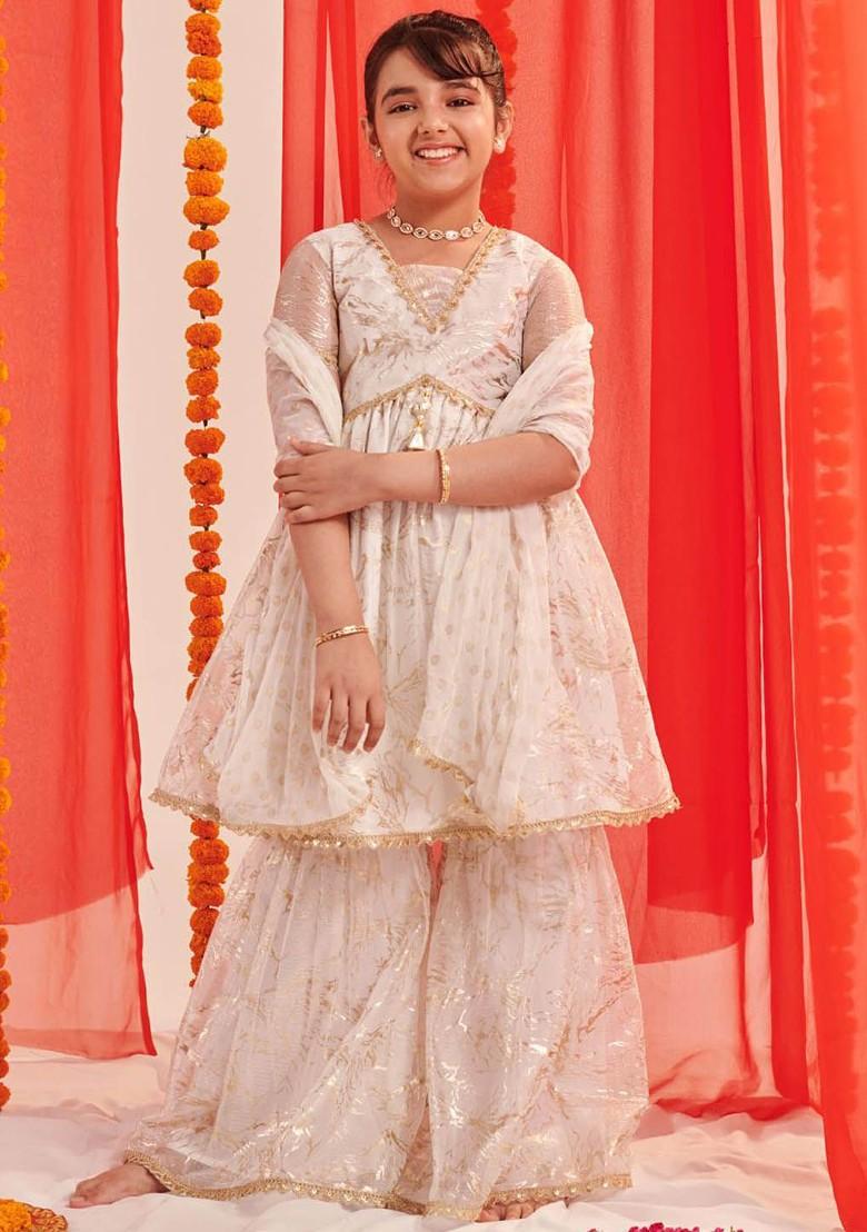 White Printed Poly Blend Sharara Set With Dupatta For Girls