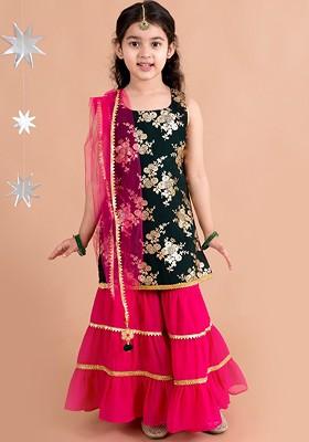 Green Embroidered Poly Blend Salwar Kameez With Dupatta For Girls