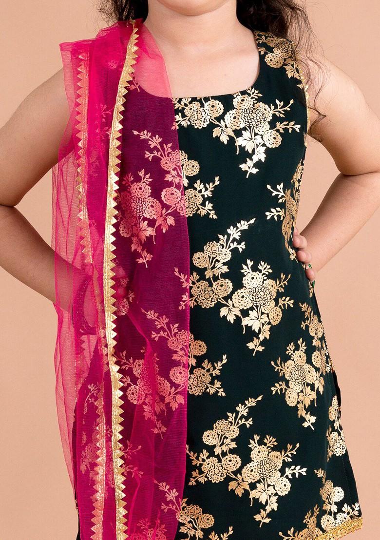 Green Embroidered Poly Blend Salwar Kameez With Dupatta For Girls