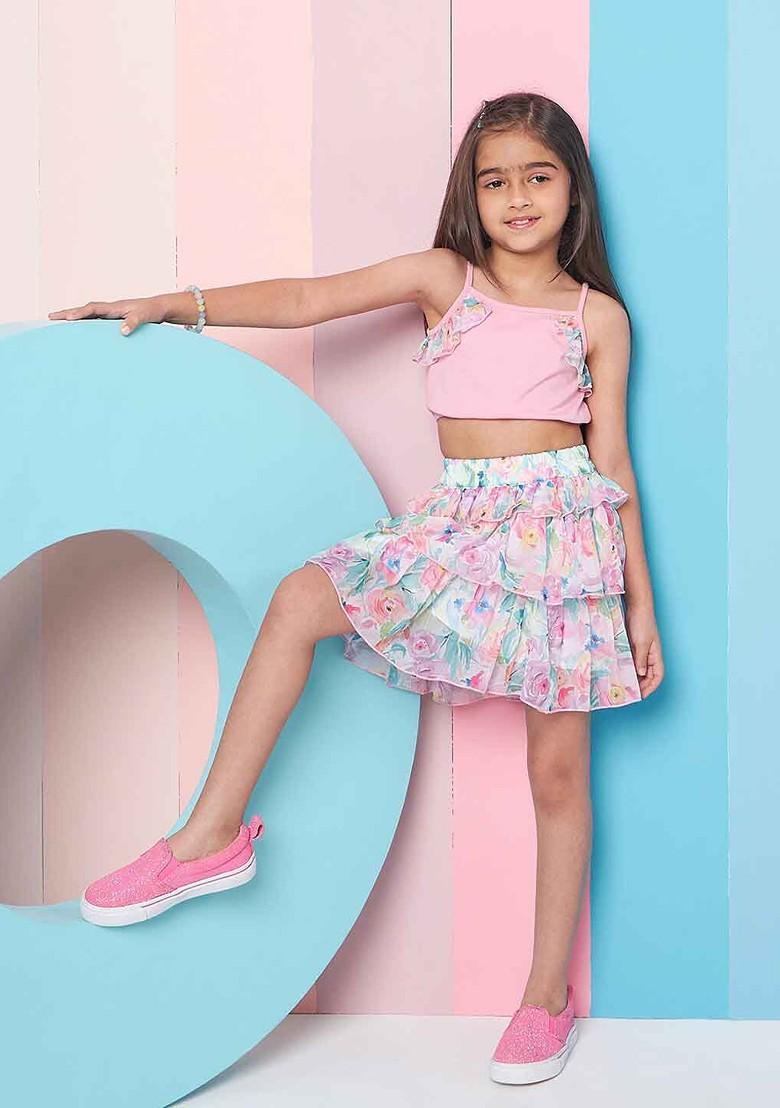 Blue Embroidered Poly Blend Co Ord Set For Girlss