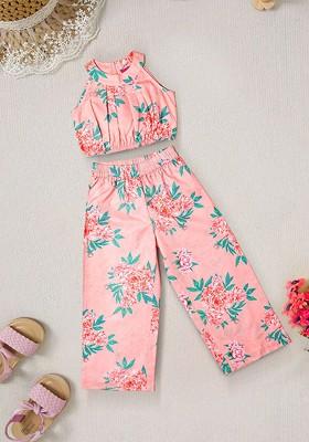 Peach Printed Poly Blend Co Ord Set For Girlss