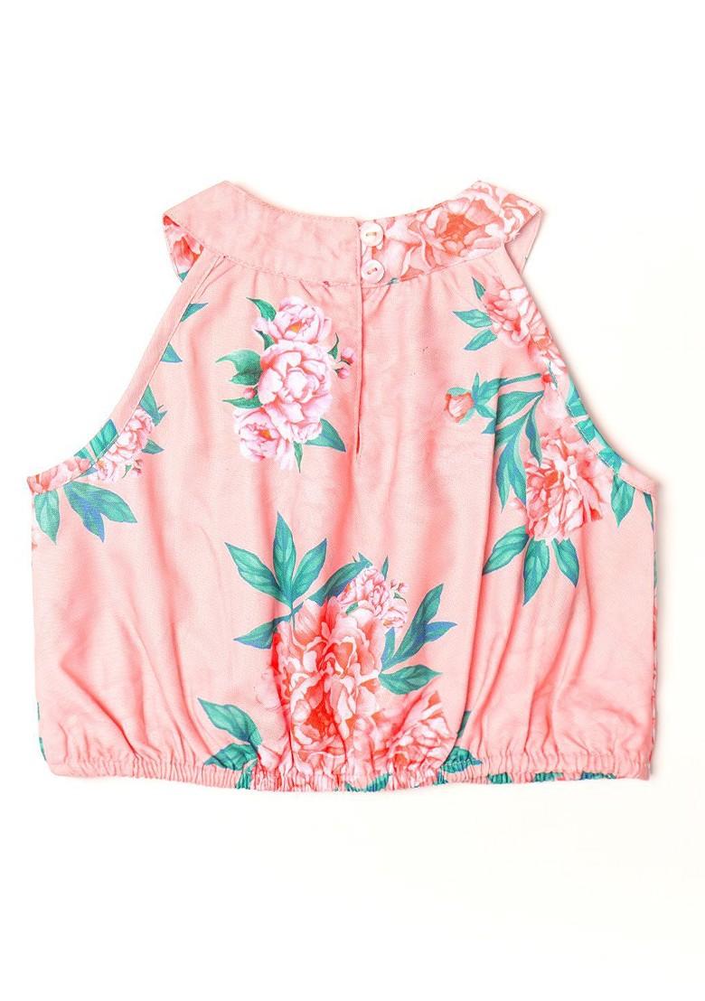 Peach Printed Poly Blend Co Ord Set For Girlss