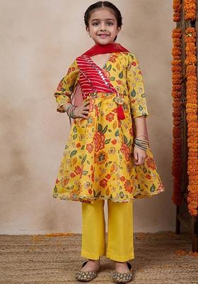 Yellow Printed Poly Blend Salwar Kameez With Dupatta For Girls