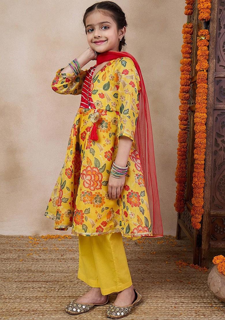 Yellow Printed Poly Blend Salwar Kameez With Dupatta For Girls