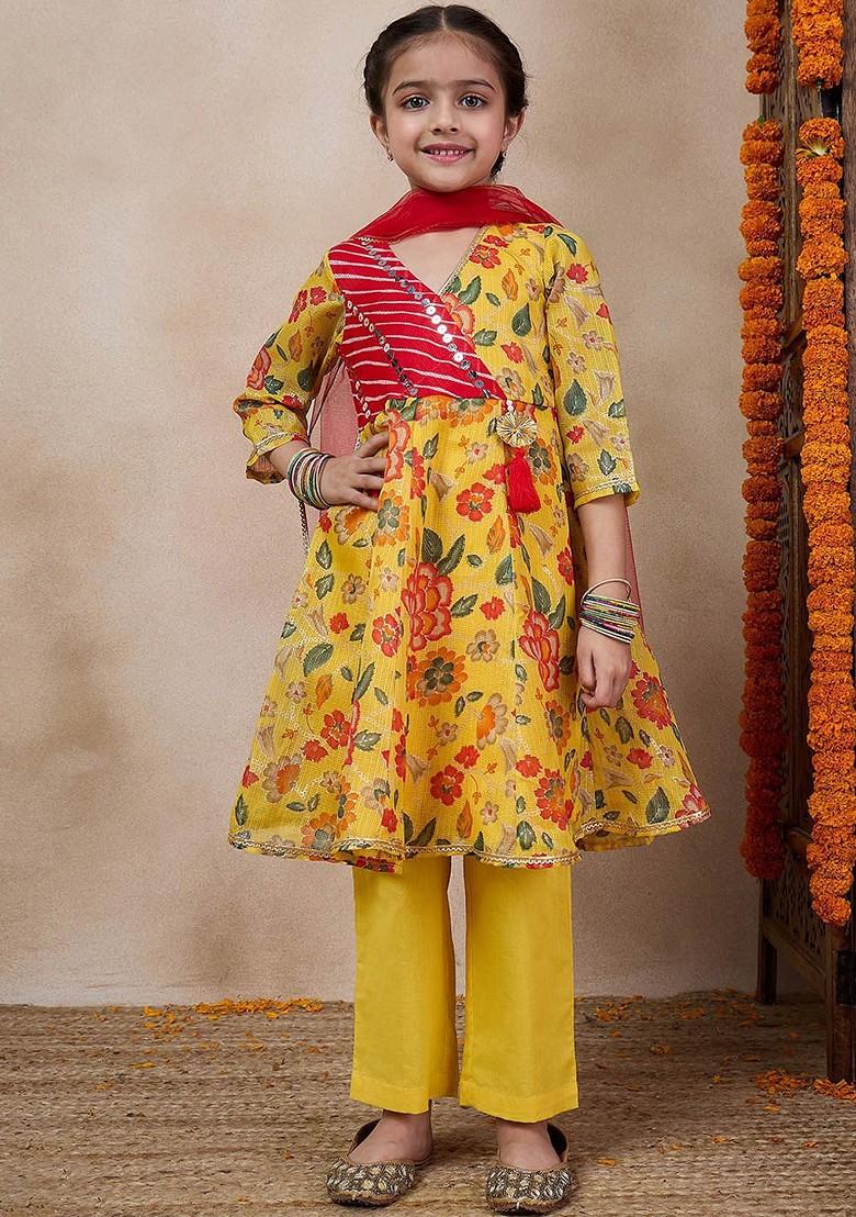 Yellow Printed Poly Blend Salwar Kameez With Dupatta For Girls